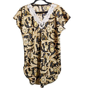 VTG‎ Black Gold Jewelry Print Satin Jacquard Mini Night Dress Tunic Lace Bow XXL